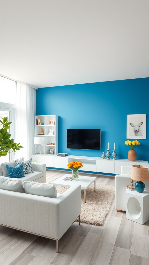 Living room with a bold blue feature wall, white furniture, and decorative elements.