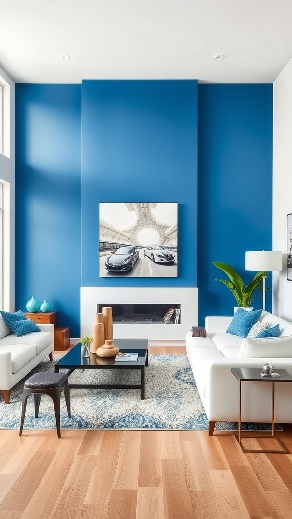 Living room featuring a bold blue wall, white furniture, and a stylish decor arrangement.