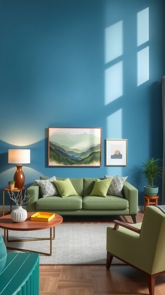 Living room with bold blue walls, a green sofa, and decorative elements