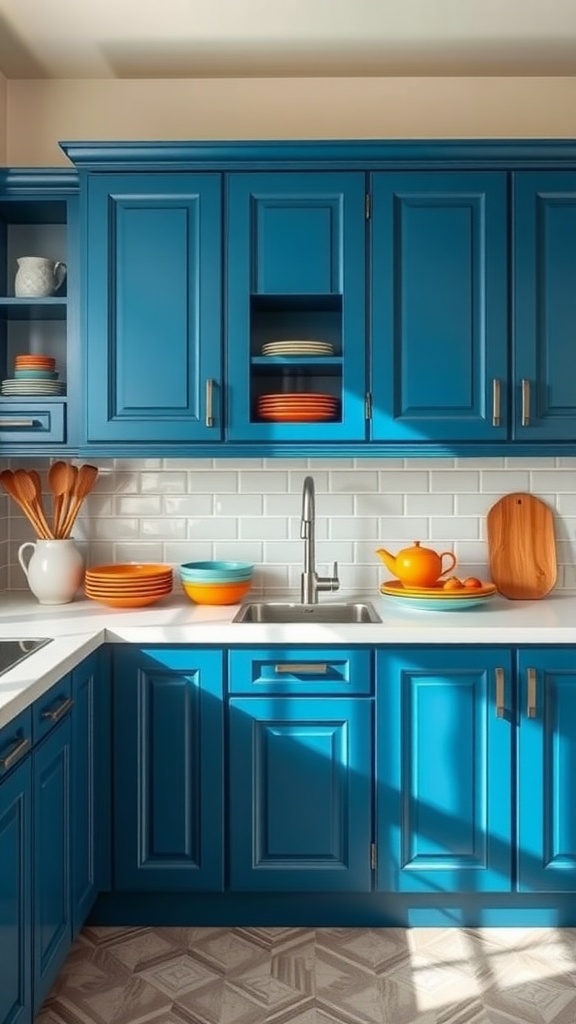 A colorful kitchen featuring bold blue cabinets and vibrant dishware.