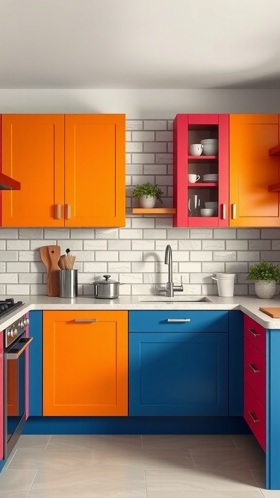 A brightly colored kitchen with orange, blue, and red cabinets, featuring a white brick backsplash and modern appliances.