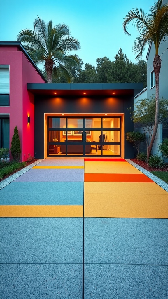 A colorful driveway with bold color blocks leading to a garage entrance, surrounded by palm trees and modern architecture.