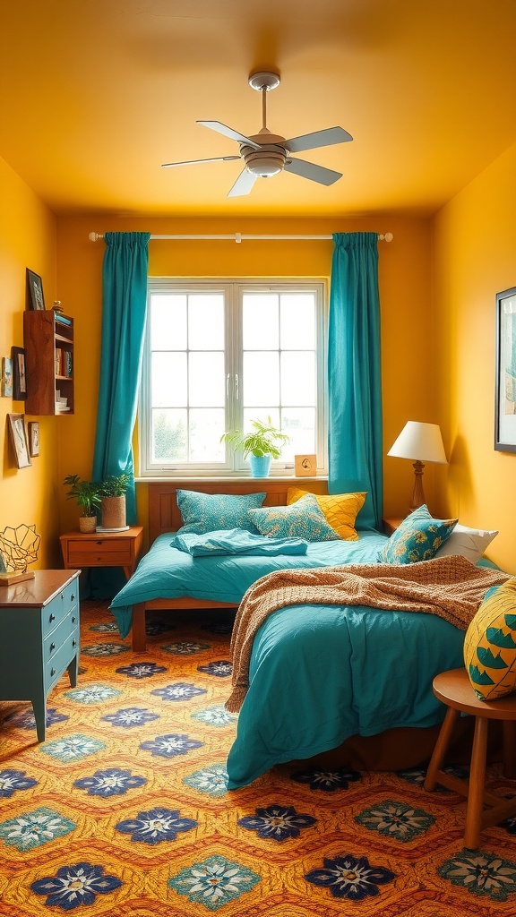 Eclectic bedroom with orange walls, turquoise bedding, and patterned rug