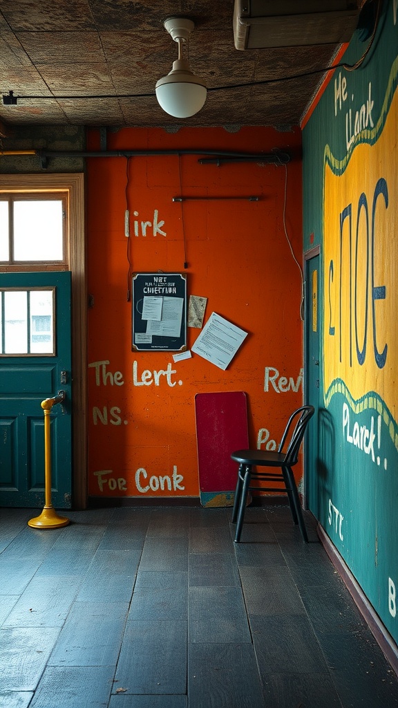 A vintage room with bold orange and green walls featuring handwritten text, a black chair, and wooden flooring.