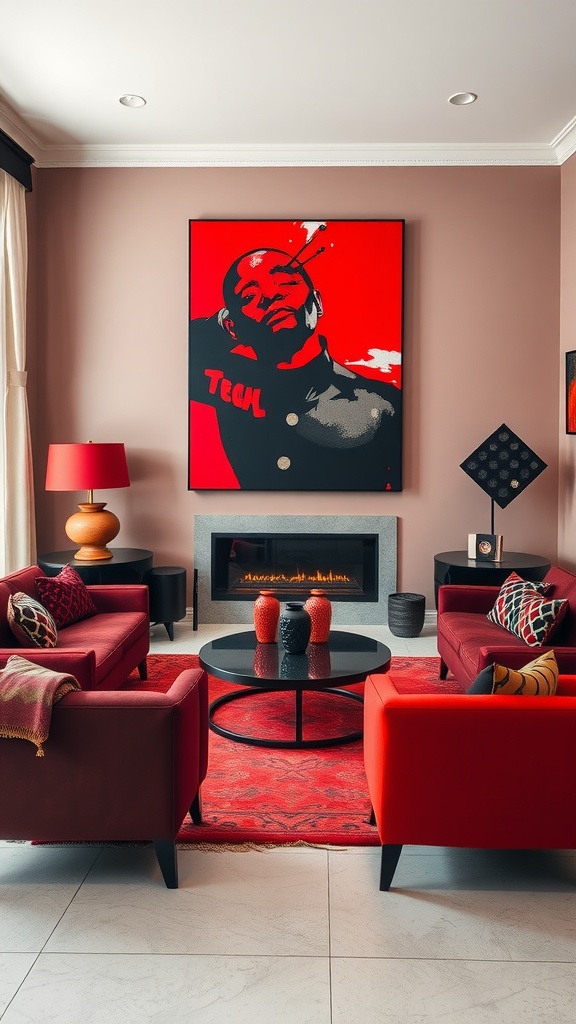 A modern living room featuring bold red and black colors with stylish furniture and artwork.