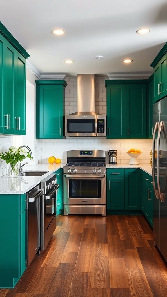 A modern kitchen with bold emerald green cabinets, stainless steel appliances, and a light-colored backsplash.