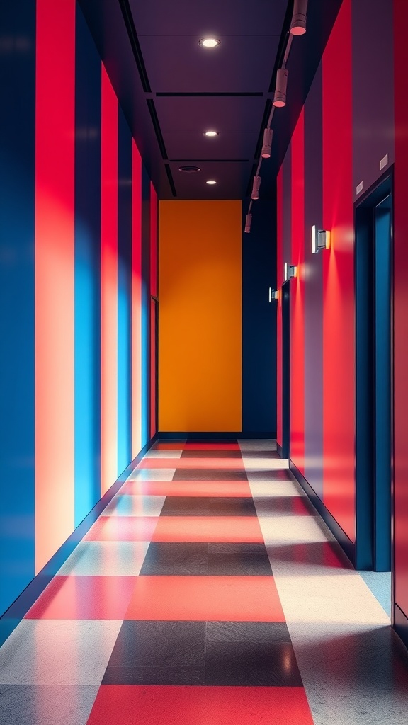 A modern hallway with bold geometric paneling in bright colors