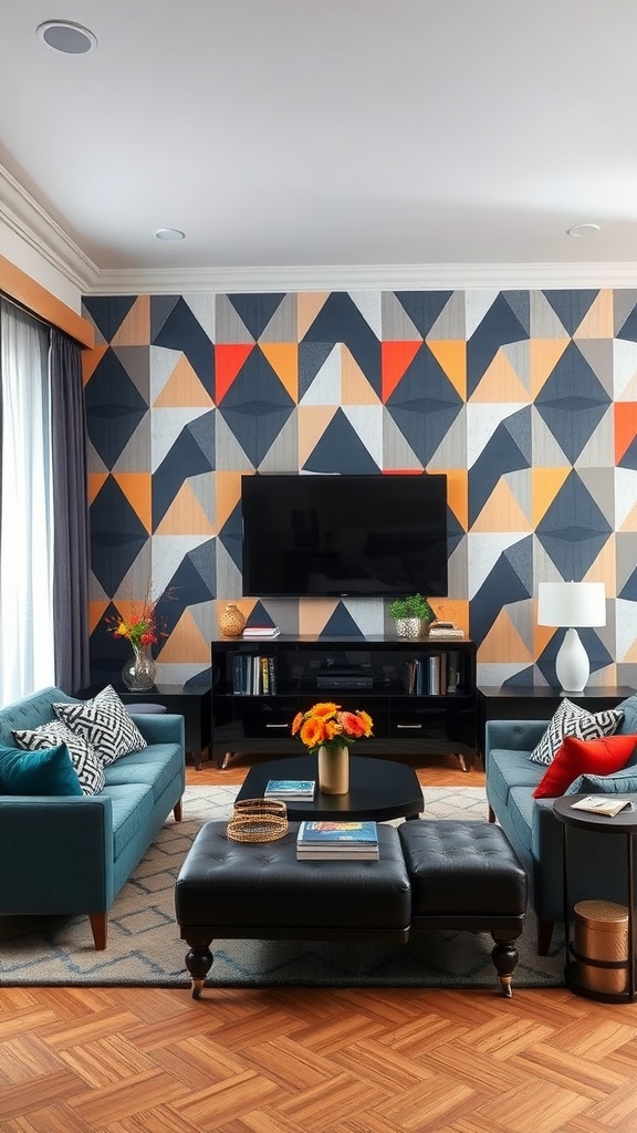 Living room featuring bold geometric wallpaper in navy, orange, and gray with modern furniture