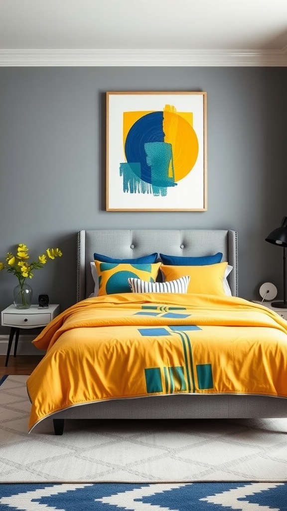 A bright blue and yellow bedroom featuring geometric prints on bedding and wall art.