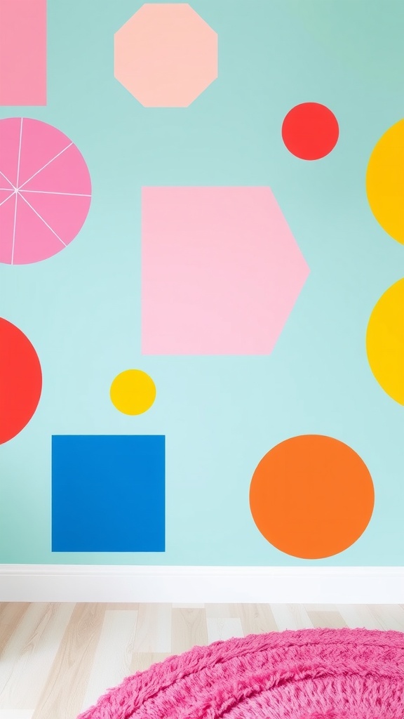 A colorful kids bedroom wall with bold geometric shapes including circles, squares, and octagons.