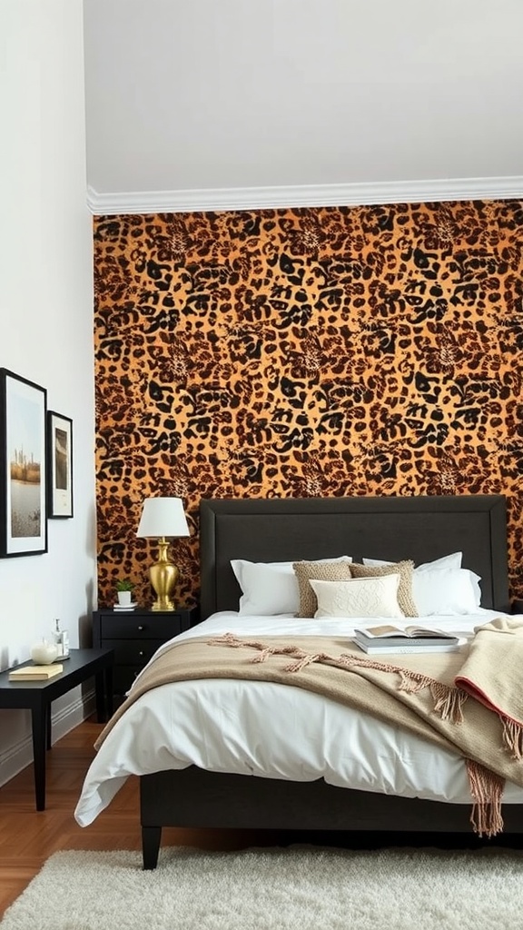 A bedroom featuring a bold leopard print accent wall, a dark bedframe, and cozy decor.