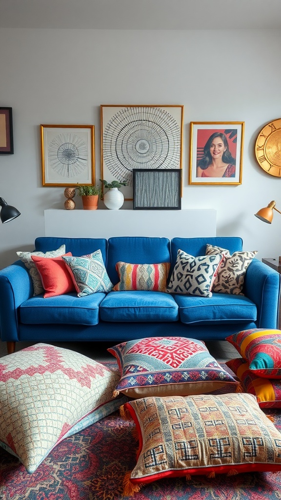 A living room featuring a bright blue couch with patterned cushions, decorative pillows on the floor, and framed artwork on the wall.