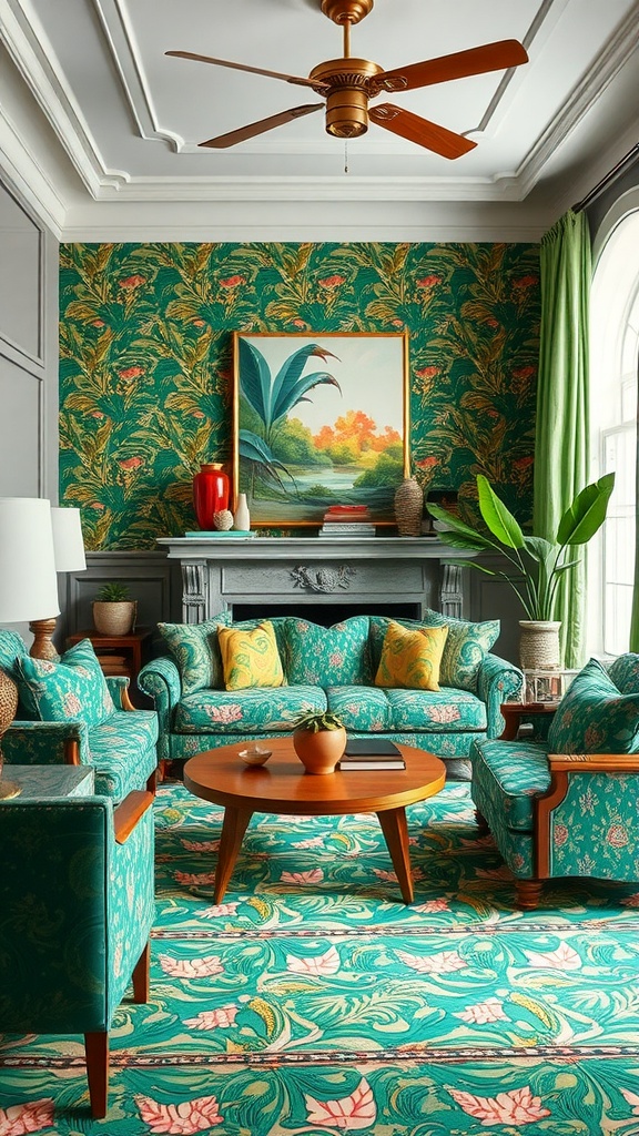 A forest green living room showcasing bold patterns with floral upholstery and a vibrant rug.