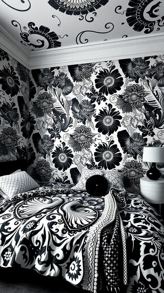 A black and white bedroom featuring bold floral and abstract patterns on the walls and bedding.