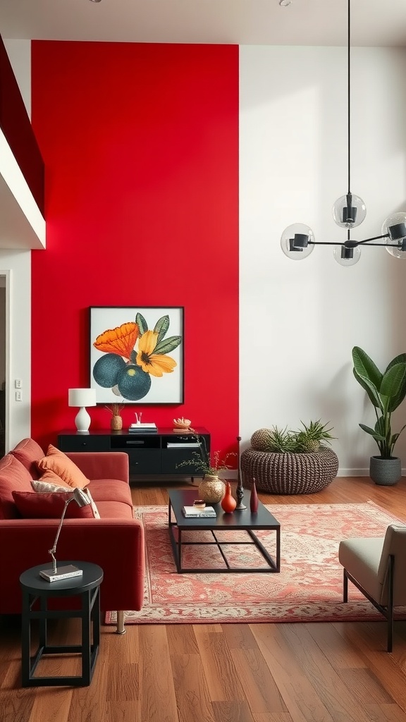 A vibrant living room featuring a bold red accent wall, complemented by neutral furniture and decorative elements.