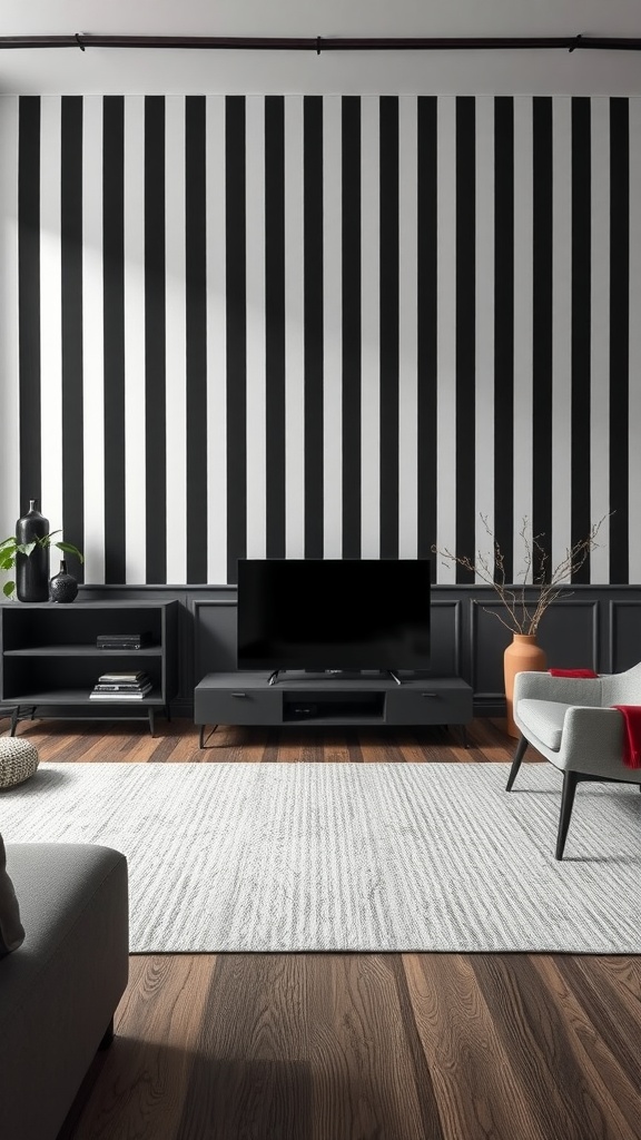 Living room with black and white striped wallpaper, modern furniture, and wooden flooring