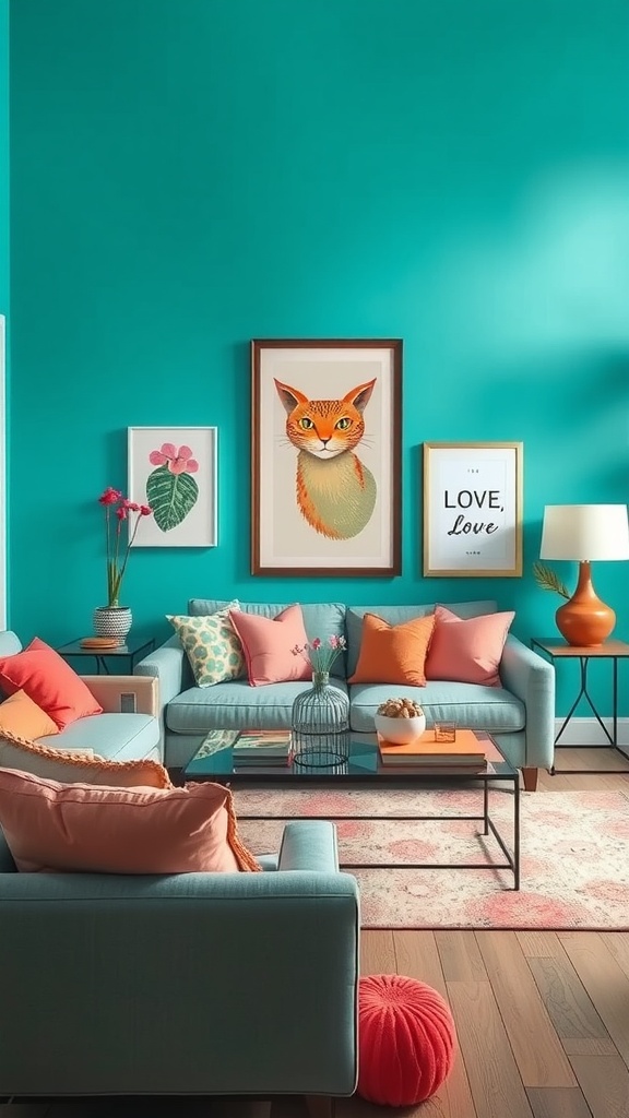 A vibrant turquoise living room featuring coral accents, colorful cushions, and unique artwork.