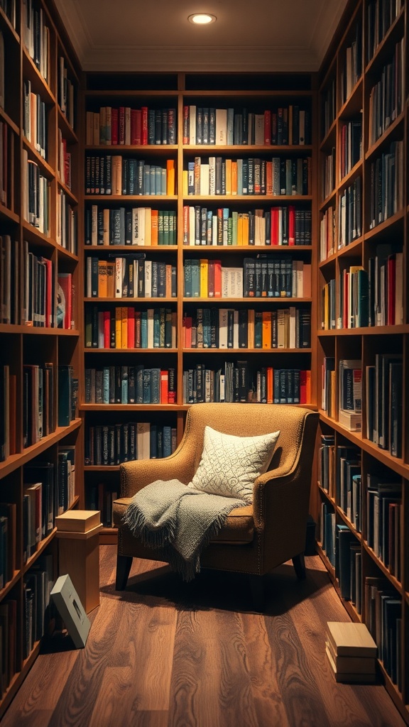 Cozy reading nook with a corner chair, surrounded by bookshelves filled with various books, featuring a soft blanket and decorative boxes.