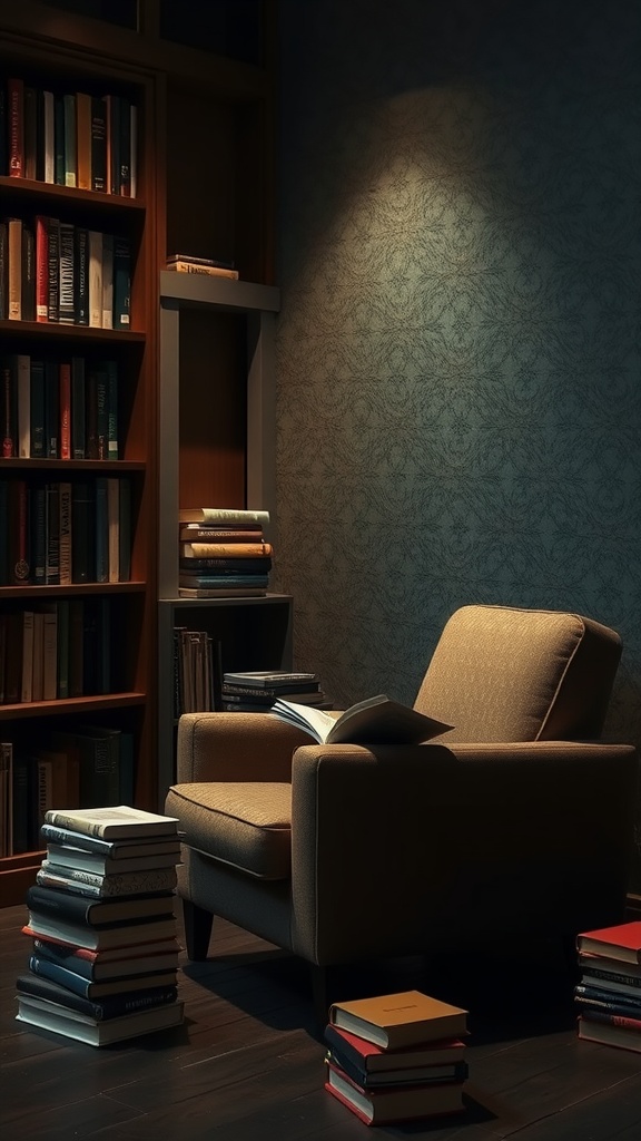 A cozy book nook with a soft armchair next to a tall bookshelf filled with books and some stacked on the floor, illuminated by soft lighting.