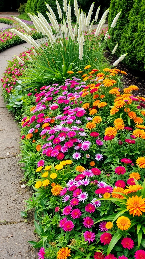 Colorful flower bed featuring various perennials in a border edging layout.