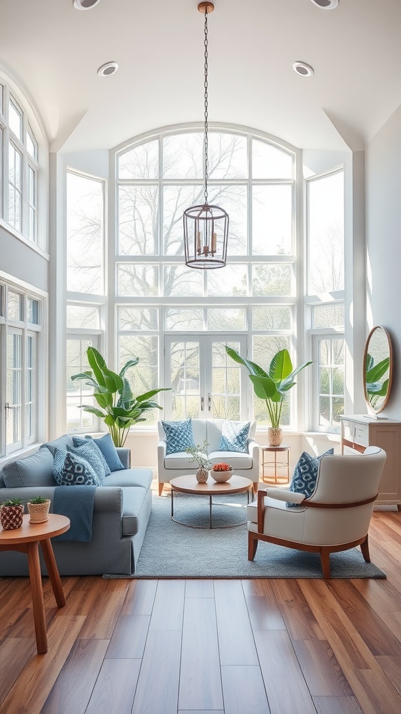 Bright and airy living room with blue and white furniture, large windows, and plants.