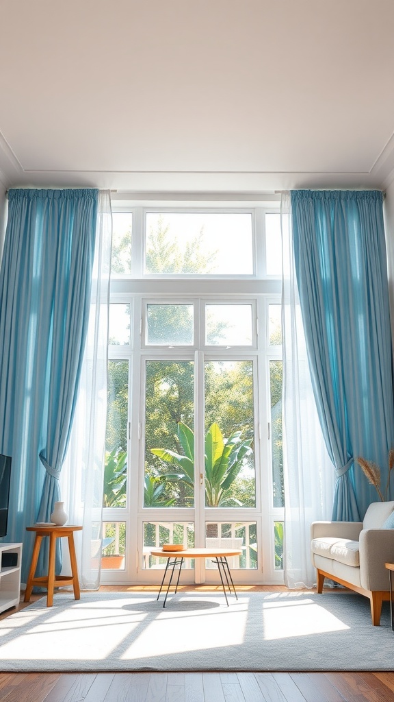 Bright living room with light blue curtains and a view of greenery outside