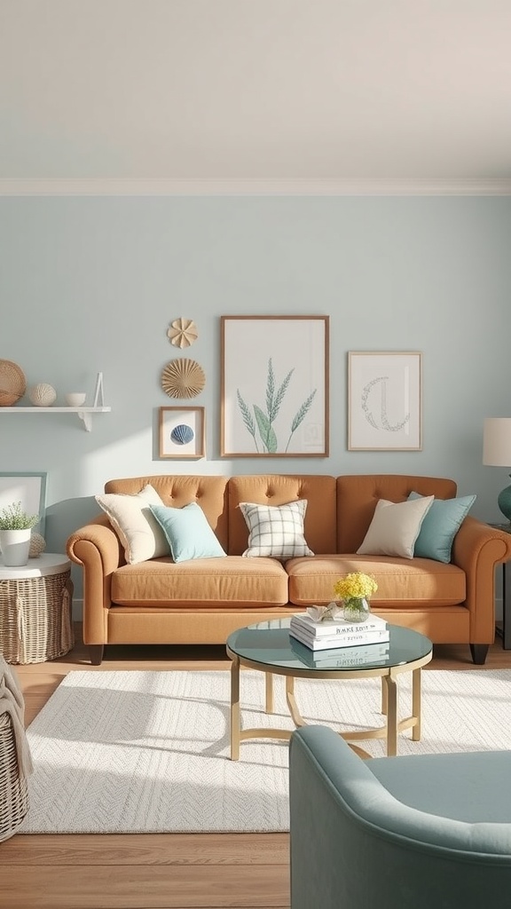 A bright living room featuring a brown sofa with teal and white cushions, coastal decor elements, and a glass coffee table.