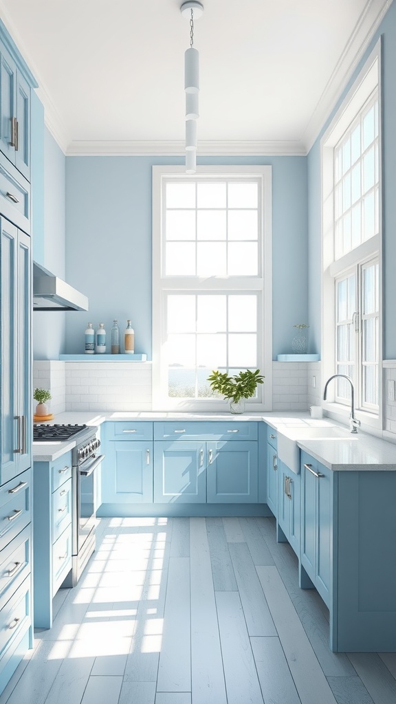 A coastal kitchen with soft blue cabinets and large windows, creating a bright and airy atmosphere.