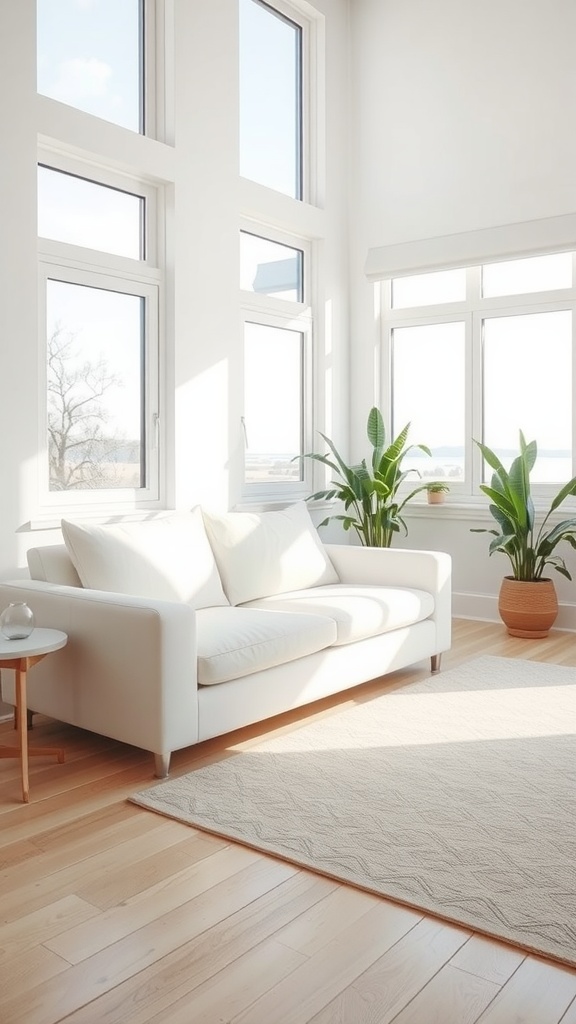 Bright living room featuring a white couch, large windows, and potted plants, showcasing a bright and airy atmosphere.