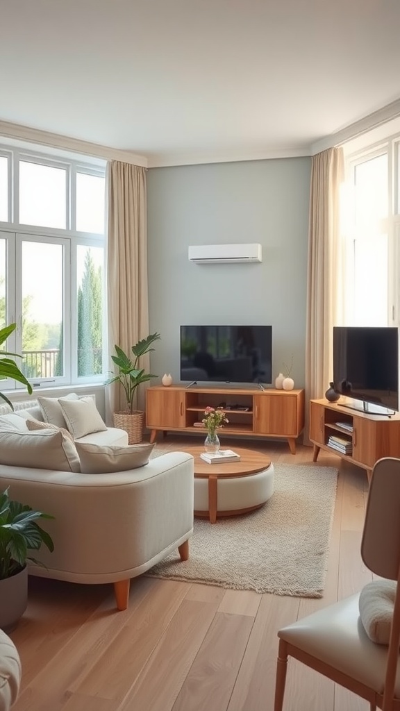 A bright and airy TV room featuring large windows, light-colored furniture, and indoor plants.