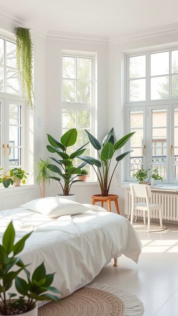 Bright and airy white bedroom with large windows and indoor plants