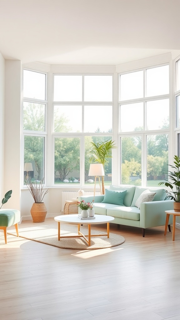 Living room featuring a light green couch, large windows, and plants, creating a bright and airy atmosphere.