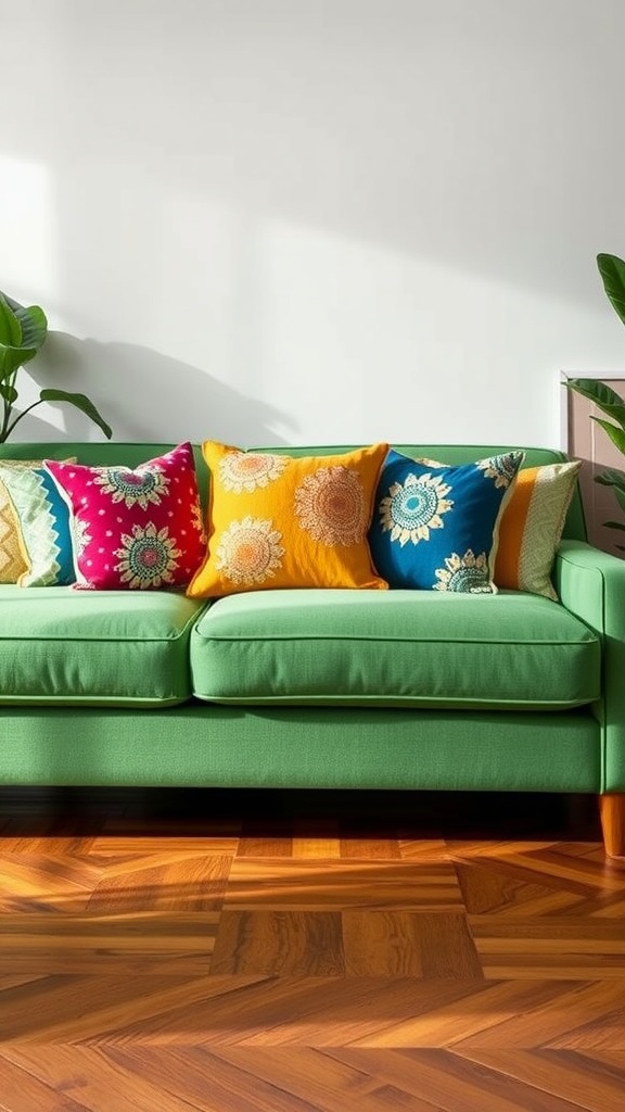 A green couch with bright accent pillows in shades of pink, yellow, and blue