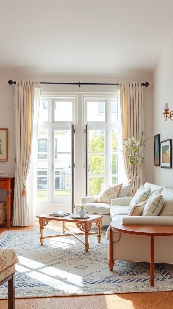 A bright and airy coastal chic living room with light curtains, neutral upholstery, and decorative cushions, enhancing the breezy atmosphere.