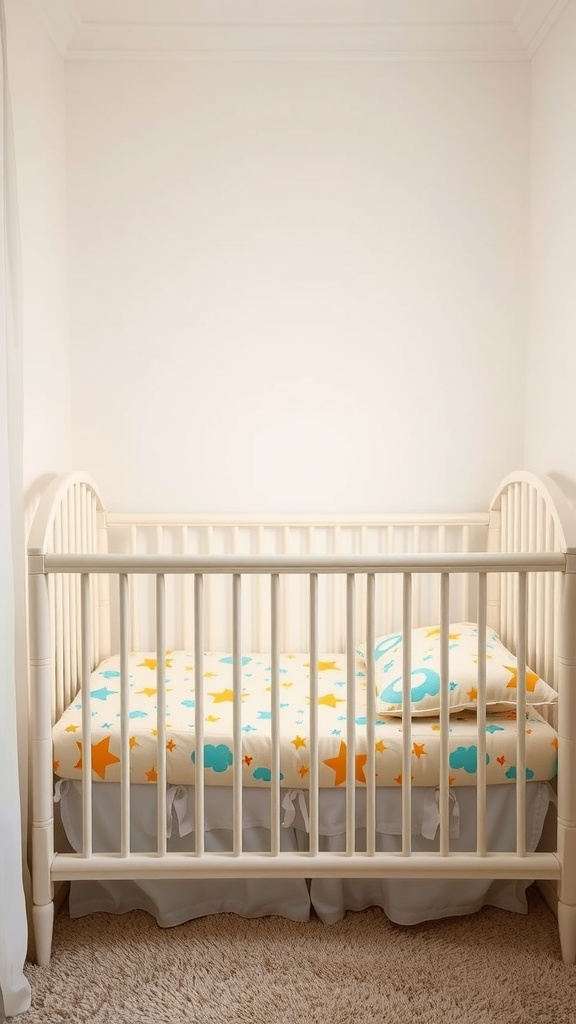 A cozy crib with colorful bedding featuring stars and clouds in orange and blue.