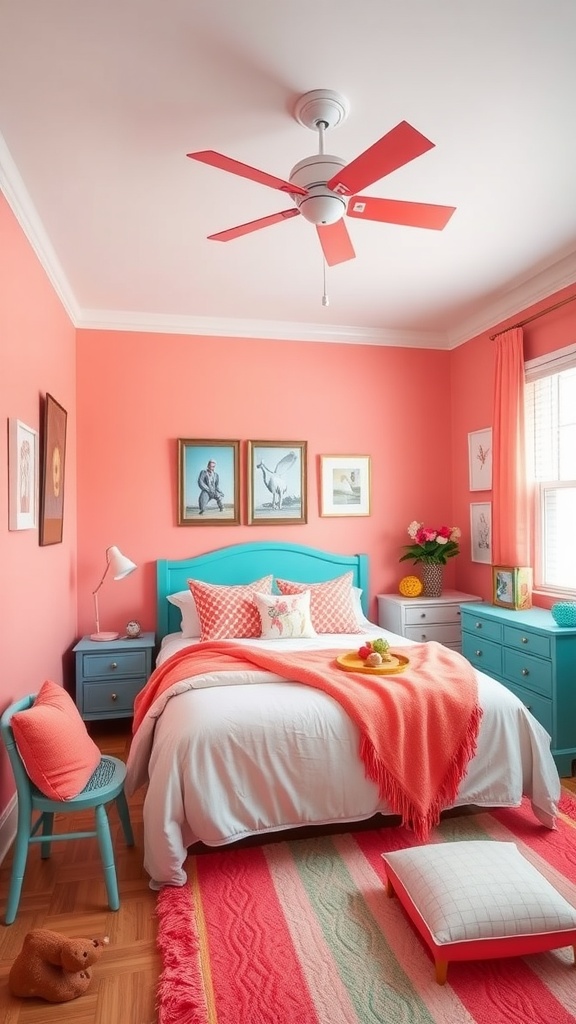 A bright and cheerful preppy bedroom with coral walls, turquoise furniture, colorful bedding, and decorative accents.