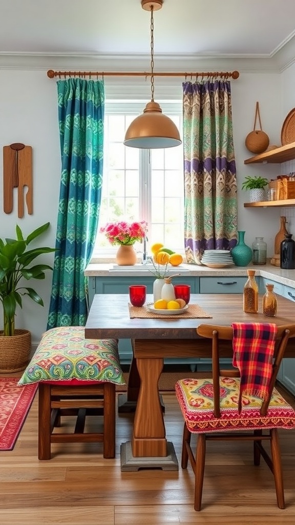 A colorful boho kitchen featuring vibrant curtains, patterned chair cushions, and a wooden dining table with fresh flowers.