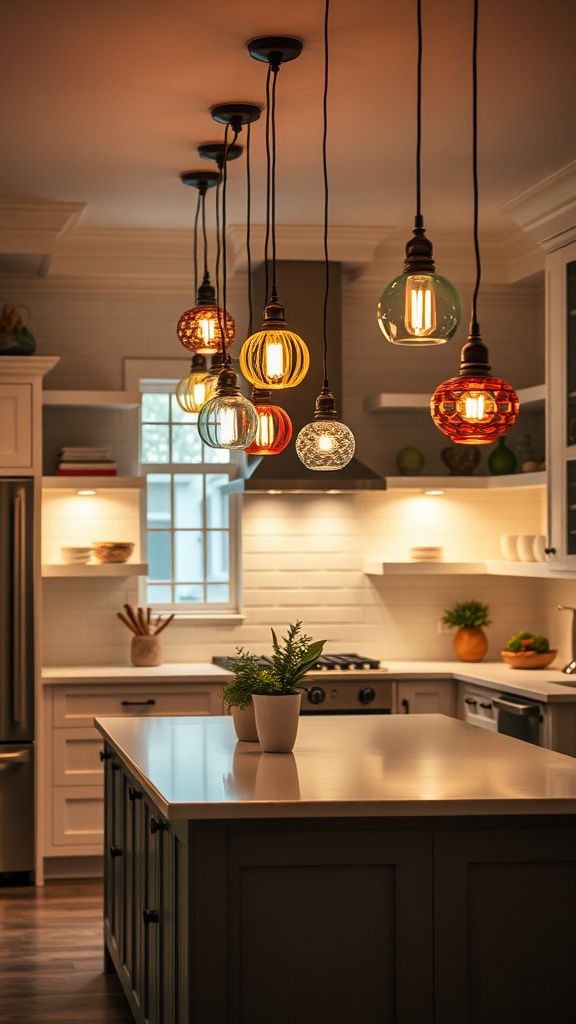 A kitchen featuring colorful pendant lighting fixtures in various shapes and colors hanging above a kitchen island.