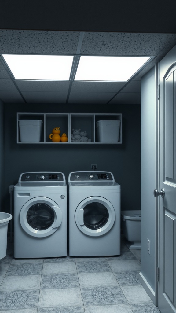 A bright and organized basement laundry room with white appliances and bright ceiling lights.