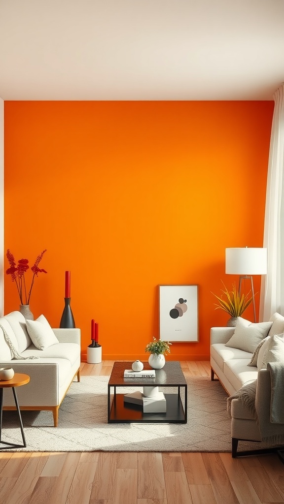 A bright orange accent wall in a stylish living room with beige sofas, a black coffee table, and decorative plants.