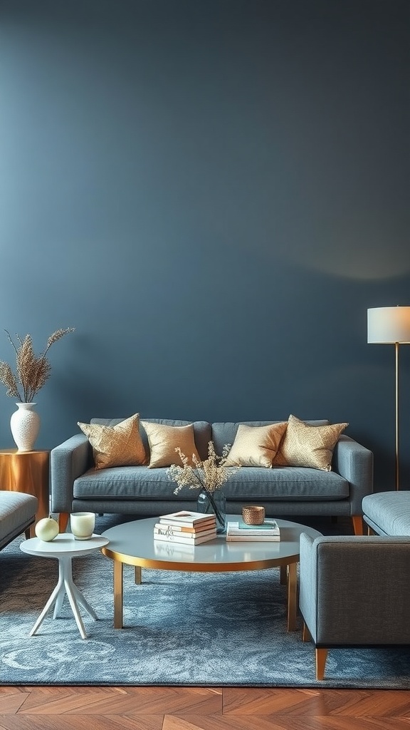 A stylish blue and gray living room with metallic accents.