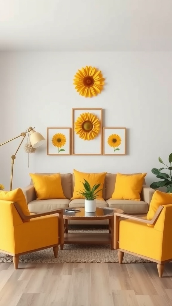 Bright yellow living room with sunflower accents, including cushions, armchairs, and wall art.