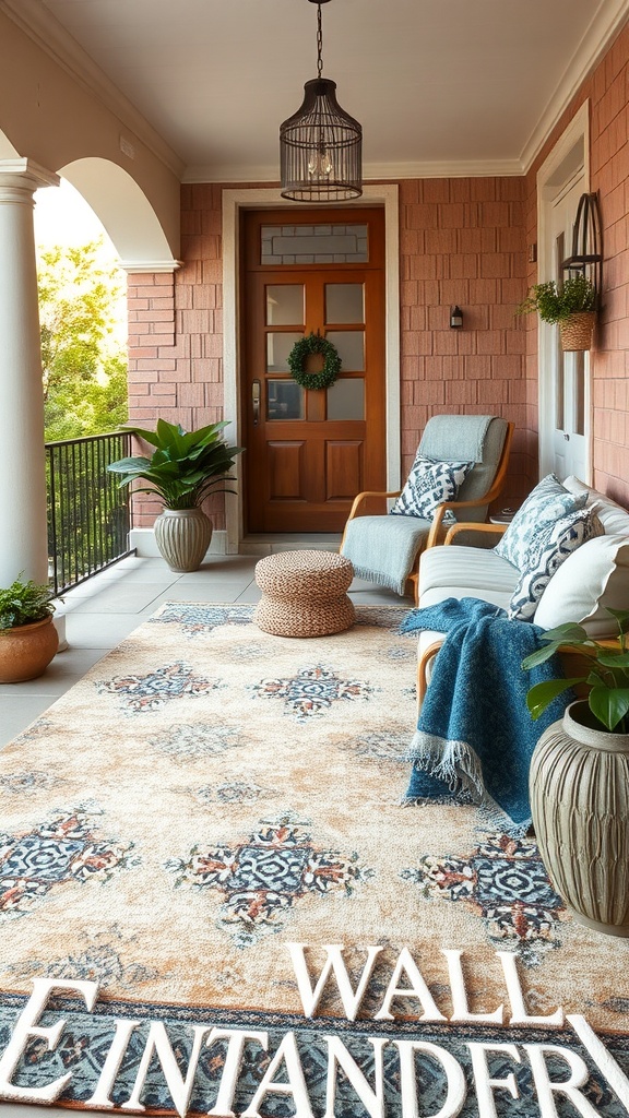 A cozy patio space featuring a decorative rug, comfortable chairs, and plants, creating an inviting atmosphere.