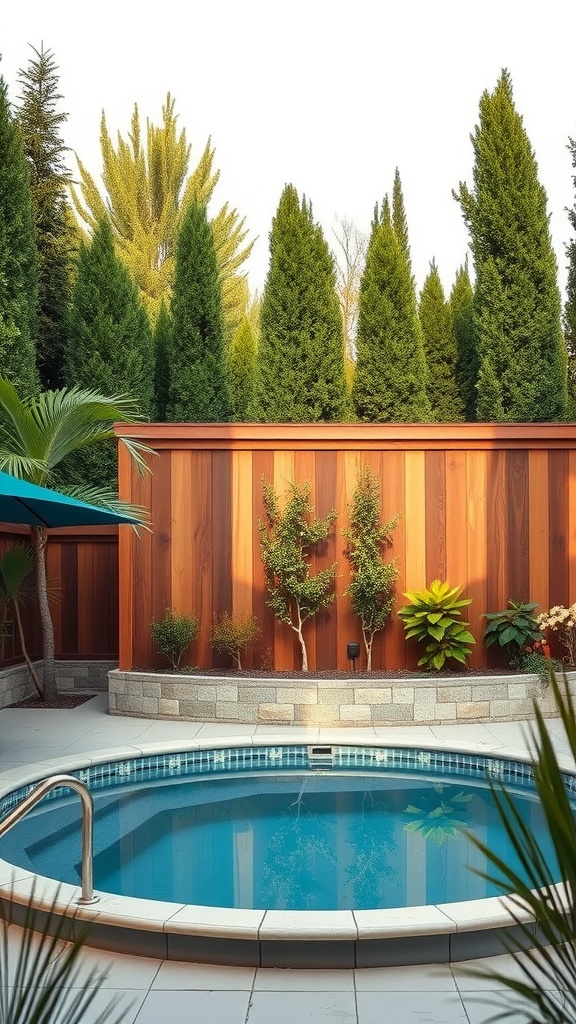 A serene above-ground pool area with a wooden privacy fence, surrounded by tall trees and decorative plants.