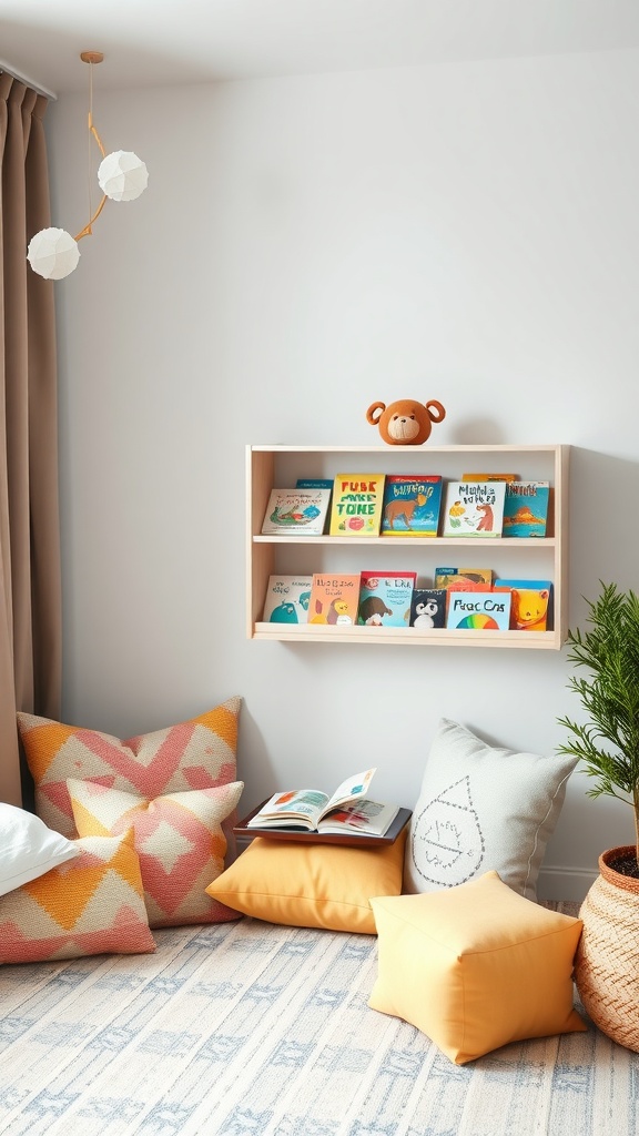 A cozy reading nook in a gender-neutral nursery featuring soft cushions, a bookshelf with children's books, and playful decor.