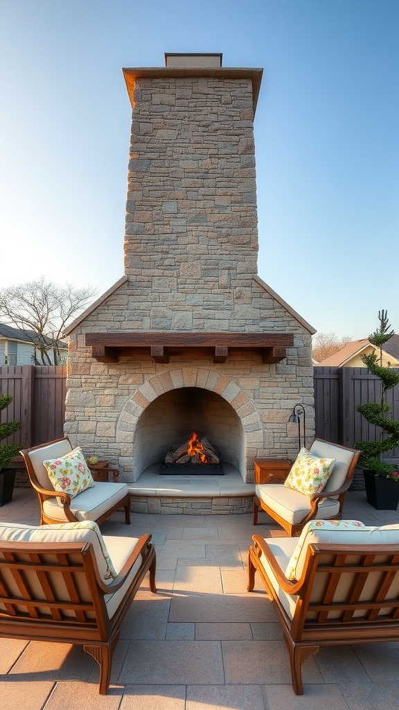 Outdoor patio with a built-in stone fireplace and lounge chairs