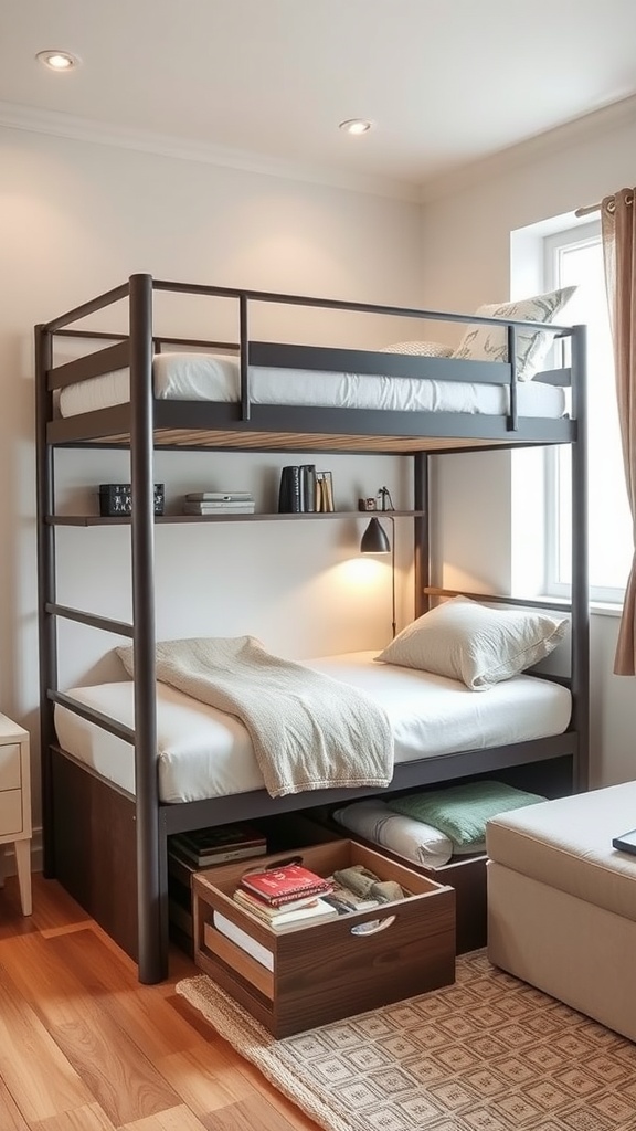 A modern bunk bed design in a small bedroom with storage underneath