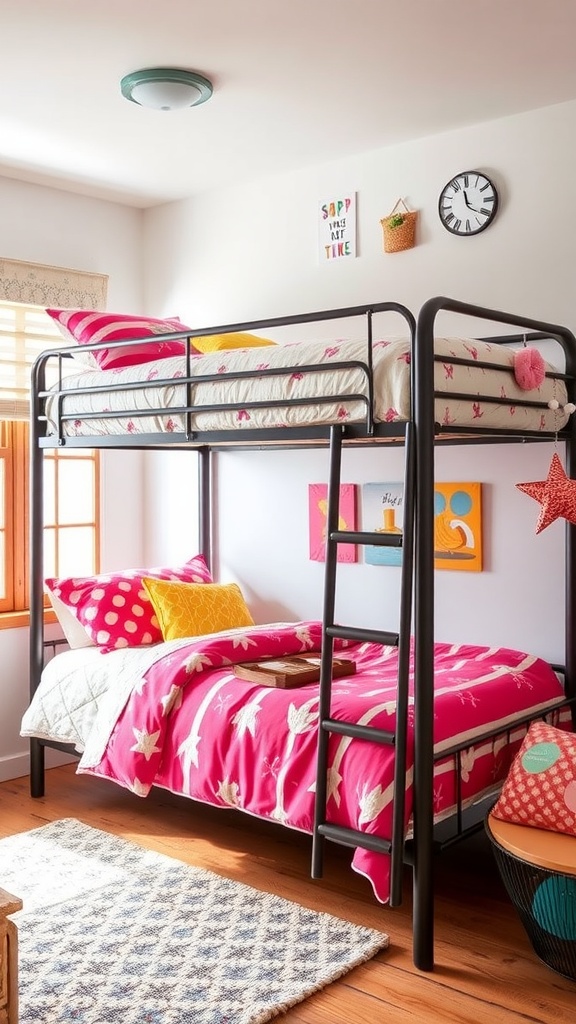 A bright and colorful bunk bed setup in a small bedroom, featuring playful bedding and a cozy atmosphere.