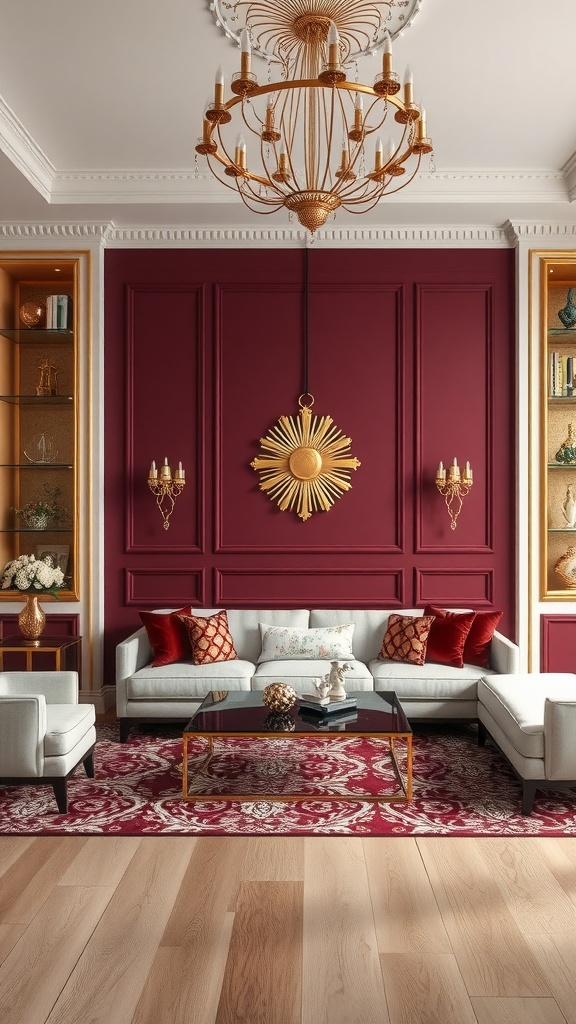 A burgundy living room with gold accents, featuring a chandelier, sofas, and decorative pillows.