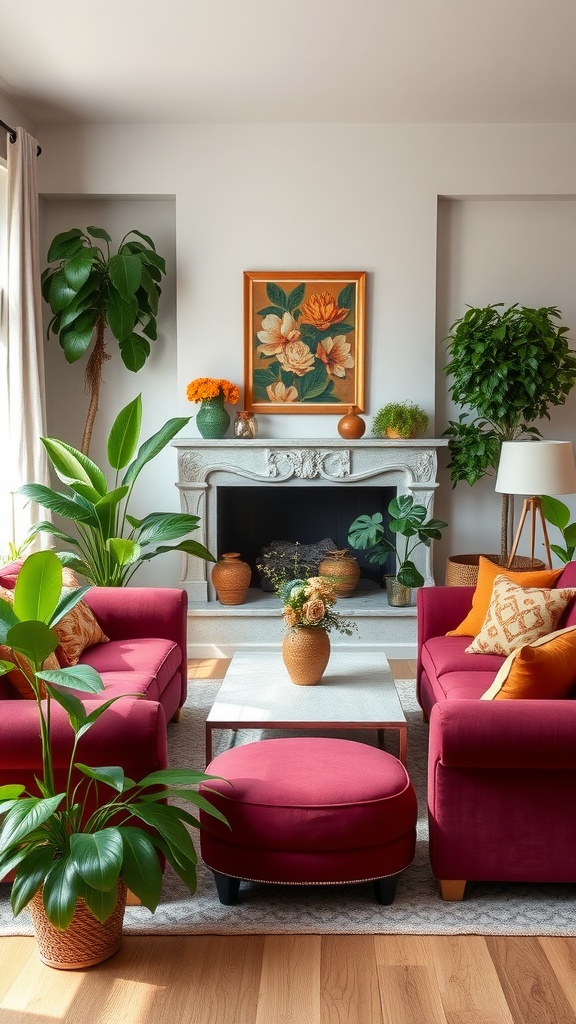 A burgundy living room featuring plush sofas, a stylish table, and vibrant green plants for a nature-inspired look.